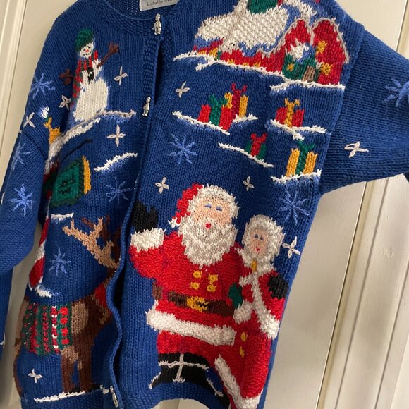 Vintage Signatures by Northern Isles Blue Santa Snowman Ugly Christmas Cardigan - Picture 5 of 11